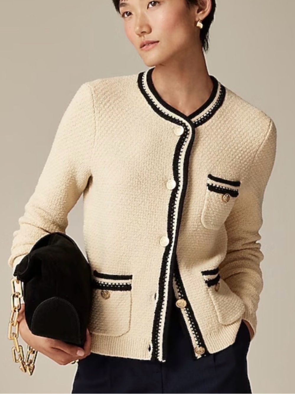J crew Contrast-trim cardigan sweater parchment black